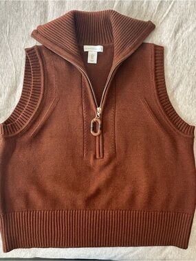 House of Harlow 1960 Half Zip Sweater Vest Brown Size L Ribbed Cropped